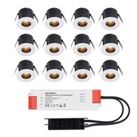 Set van 12 Olivia LED Mini Inbouwspots met Trafo - 12 Volt 3 Watt 150 lumen - Verzonken - Plat 36mm - 2700K - IP44 waterdicht - Niet Dimbaar - Wit