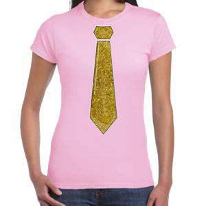 Verkleed t-shirt voor dames - stropdas glitter goud - licht roze - carnaval - foute party