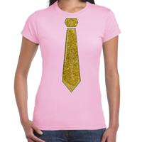 Verkleed t-shirt voor dames - stropdas glitter goud - licht roze - carnaval - foute party - thumbnail