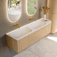 Mondiaz KURVE 165 cm Onderkast Greeploos 2 Lades Met Deuren Oak, Wastafel Solid Surface Links Talc 0 Kraangaten Zonder Spiegel (KRVBGS165R2L1D0KD-Oak/Tal)