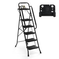 5 treden Ladder met Gereedschapshouder Vouwbare Opstapladder tot 150 kg Belastbaar Vouwladder Staand Ladders