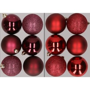 12x stuks kunststof kerstballen mix van aubergine en donkerrood 8 cm   -