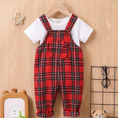 Baby Boy Plaid Print Flap Pocket Overall Jumpsuit, For Christmas Red / 6-9M