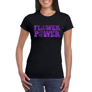 Zwart Flower Power t-shirt peace tekens met paarse letters dames