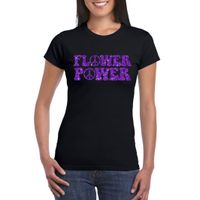 Zwart Flower Power t-shirt peace tekens met paarse letters dames - thumbnail