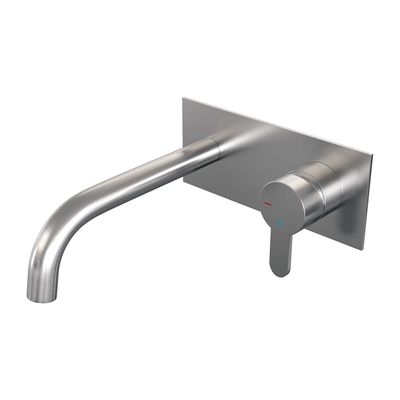 Inbouw Wastafelmengkraan Brauer Brushed Edition Coldstart Gebogen Uitloop Korte Platte Hendel Rechts Geborsteld RVS PVD Met Afdekplaat