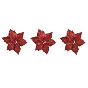 3x stuks decoratie bloemen kerstster rood glitter op clip 23 cm