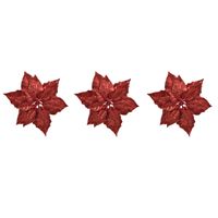 3x stuks decoratie bloemen kerstster rood glitter op clip 23 cm - thumbnail