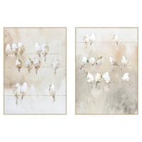 Schilderij Home ESPRIT Wit Beige Grijs Gouden Vogels Scandinavisch 103 x 4,5 x 143 cm (2 Stuks)