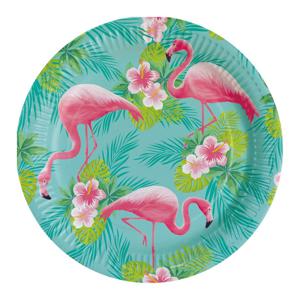 Flamingo party bordjes - 8x - Dia 23 cm - Herbruikbaar van karton - Hawaii/Tropische feestartikelen