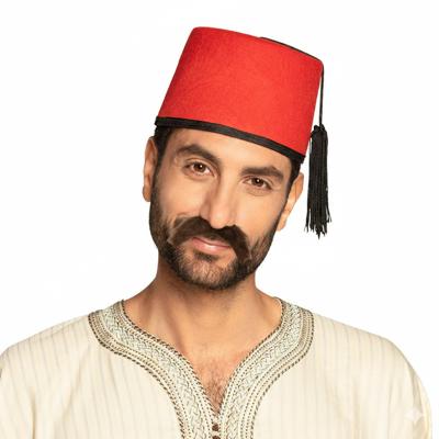 Boland Party Arabische Marokkaanse verkleed set - Fez hoedje rood - en nepsnor zwart