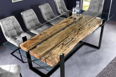 Design glazen eettafel BARRACUDA 220 cm natuurlijk massief teakhout zwart onderstel - 43342