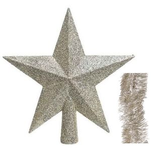 Kerstversiering kunststof glitter ster piek 19 cm en folieslingers pakket champagne van 3x stuks