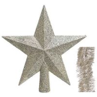 Kerstversiering kunststof glitter ster piek 19 cm en folieslingers pakket champagne van 3x stuks - thumbnail