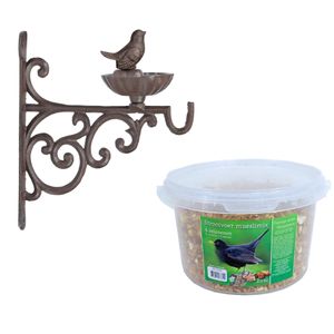 Wand vogel voederbak/drinkbak met haak gietijzer 19 cm inclusief 4-seizoenen mueslimix vogelvoer