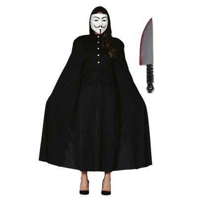 Carnaval Halloween verkleedkleding set - Vendetta masker - Cape zwart met capuchon - Groot mes 40 cm