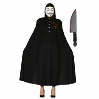 Carnaval Halloween verkleedkleding set - Vendetta masker - Cape zwart met capuchon - Groot mes 40 cm