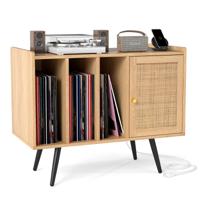 Rieten Platenspelerstandaard met Oplaadstation Vinyl Platenspeler Tafel voor 220 Platen Natuur