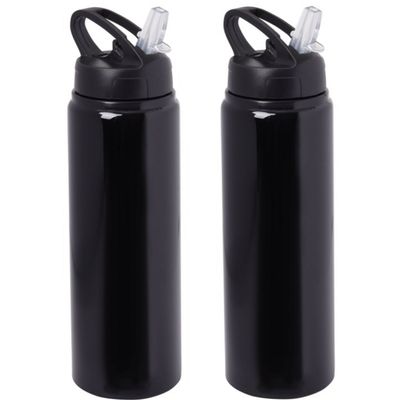 Waterfles/sportfles/drinkfles Sporty - 2x - zwart - aluminium/kunststof - 800 ml