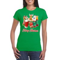 Foute Kerst t-shirt kerstsokken merry christmas groen voor dames - thumbnail