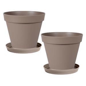 Set van 2x stuks bloempotten Toscane kunststof taupe D30 x H26 cm inclusief onderschalen D23 cm