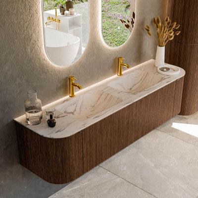 Badmeubel Mondiaz Kurve-Dlux | 170 cm | Meubelkleur Walnut | Wastafelkleur Nata | Solid surface | Wasbak beide zijden spoelbak | 2 kraangaten
