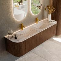 Badmeubel Mondiaz Kurve-Dlux | 170 cm | Meubelkleur Walnut | Wastafelkleur Nata | Solid surface | Wasbak beide zijden spoelbak | 2 kraangaten