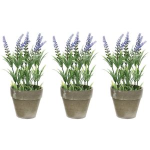 3x Groene/paarse Lavandula/lavendel kunstplant 25 cm in betonpot