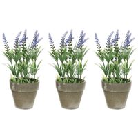 3x Groene/paarse Lavandula/lavendel kunstplant 25 cm in betonpot - thumbnail