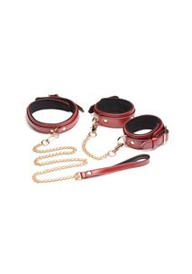 6-delige bondageset bordeauxrode boeien, halsband & riem