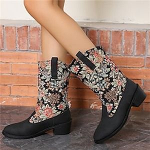 Dames Laarzen Cowboy westernlaarzen Grote maten Buiten Dagelijks Halfhoge laarzen Winter Borduurwerk Blok hiel Gepuntte Teen Vintage Modieus Casual Suède Canvas Leegloper Effen Kleur Zilver Zwart Lightinthebox