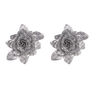 2x stuks decoratie bloemen roos zilver glitter met blad op clip 15 cm