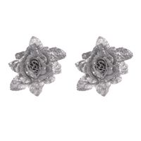 2x stuks decoratie bloemen roos zilver glitter met blad op clip 15 cm