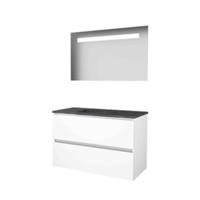Basic-Line Economic 46 Badkamermeubelset - 100 x 46 cm - Greeploos - 2 Lades - Hardstenen Wastafel - 1 Kraangat - Spiegel met LED Verlichting - Ice White