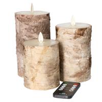 Anna's Collection LED stompkaarsen - 3x st - wit berkenhout - kaarsen met afstandsbediening