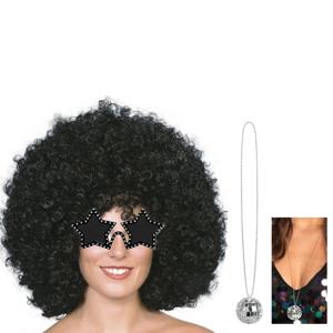 Carnaval verkleedset afropruik zwart/sterren bril/ketting - heren/dames - Seventies/disco thema