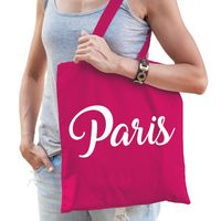 Parijs schoudertas fuchsia roze katoen met Paris bedrukking   - - thumbnail