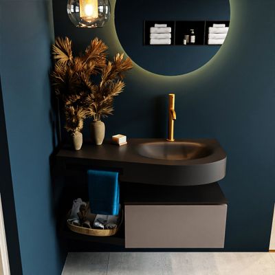 MONDIAZ RIVA 100cm badmeubel onderkast / planchet kleur Smoke met 1 lade. Wastafel DULCET rechts 1 kraangat kleur Urban. MONDIAZ RIVA 100cm badmeubel onderkast / planchet kleur Smoke met 1 lade. Wastafel DULCET rechts 1 kraangat kleur Urban.