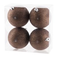 4x stuks kunststof glitter kerstballen donkerbruin 10 cm - thumbnail