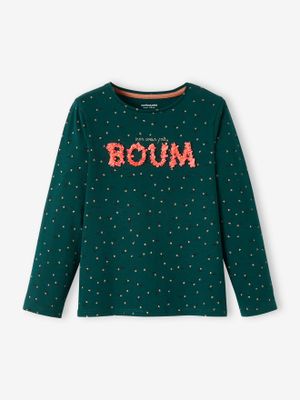 Meisjesshirt met print en gezichtje in reliëf donkergroen