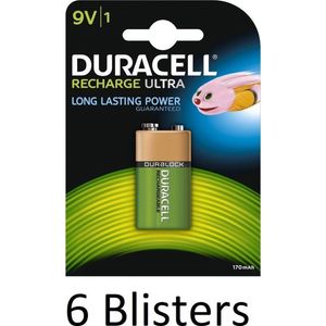 6 Blisters (6 Blisters a 1 st) Duracell 9V Oplaadbare Batterij - 170 mAh