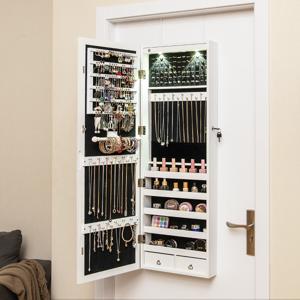 Hangende Sieradenkast 2-in-1 Spiegelkast met LED-verlichting & Lades Afsluitbare Wandkast Sieradenorganizer voor Wand-/Deurmontage