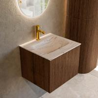 Badmeubel Mondiaz Kurve-Dlux | 50 cm | Meubelkleur Walnut | Wastafelkleur Nata | Solid surface | Wasbak midden spoelbak | 1 kraangat Badmeubel Mondiaz Kurve-Dlux | 50 cm | Meubelkleur Walnut | Wastafelkleur Nata | Solid surface | Wasbak midden spoelbak | 1 kraangat