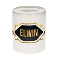 Spaarpot met voornaam Elwin - wit - goud/zwart embleem - 8 x 9 cm - keramiek - afsluitdop