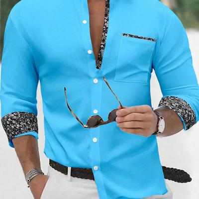 Bon&Bon Men's Yellow Long Sleeve Casual Button-Up Floral Shirt Blue-3 / XS