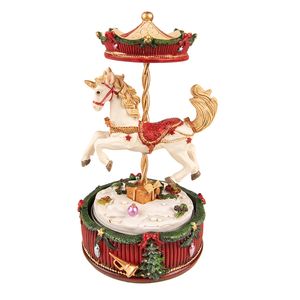 HAES DECO - Muziekdoos Draaimolen Ø 11x20 cm - Rood - Kerst Figuur, Kerstdecoratie