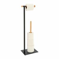 Toiletrolhouder en reserverolhouder - vrijstaand - zwart - metaal/bamboe - 70 cm