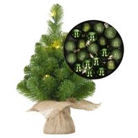 Mini kerstboom/kunstboom met verlichting 45 cm en inclusief kerstballen groen - thumbnail