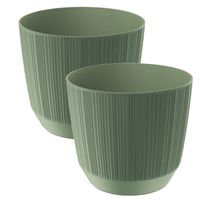 2x stuks moderne carf-stripe plantenpot/bloempot kunststof dia 13 cm/hoogte 11 cm groen