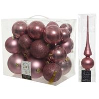 Kerstversiering kunststof kerstballen met piek oud roze 6-8-10 cm pakket van 27x stuks - thumbnail